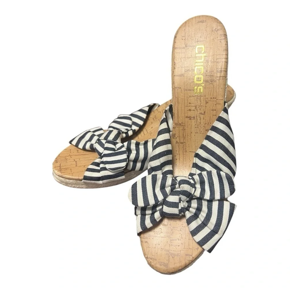 Chico’s Preppy Nautical Navy & Ivory Striped Bow Wedge Sandals NWOT Size…